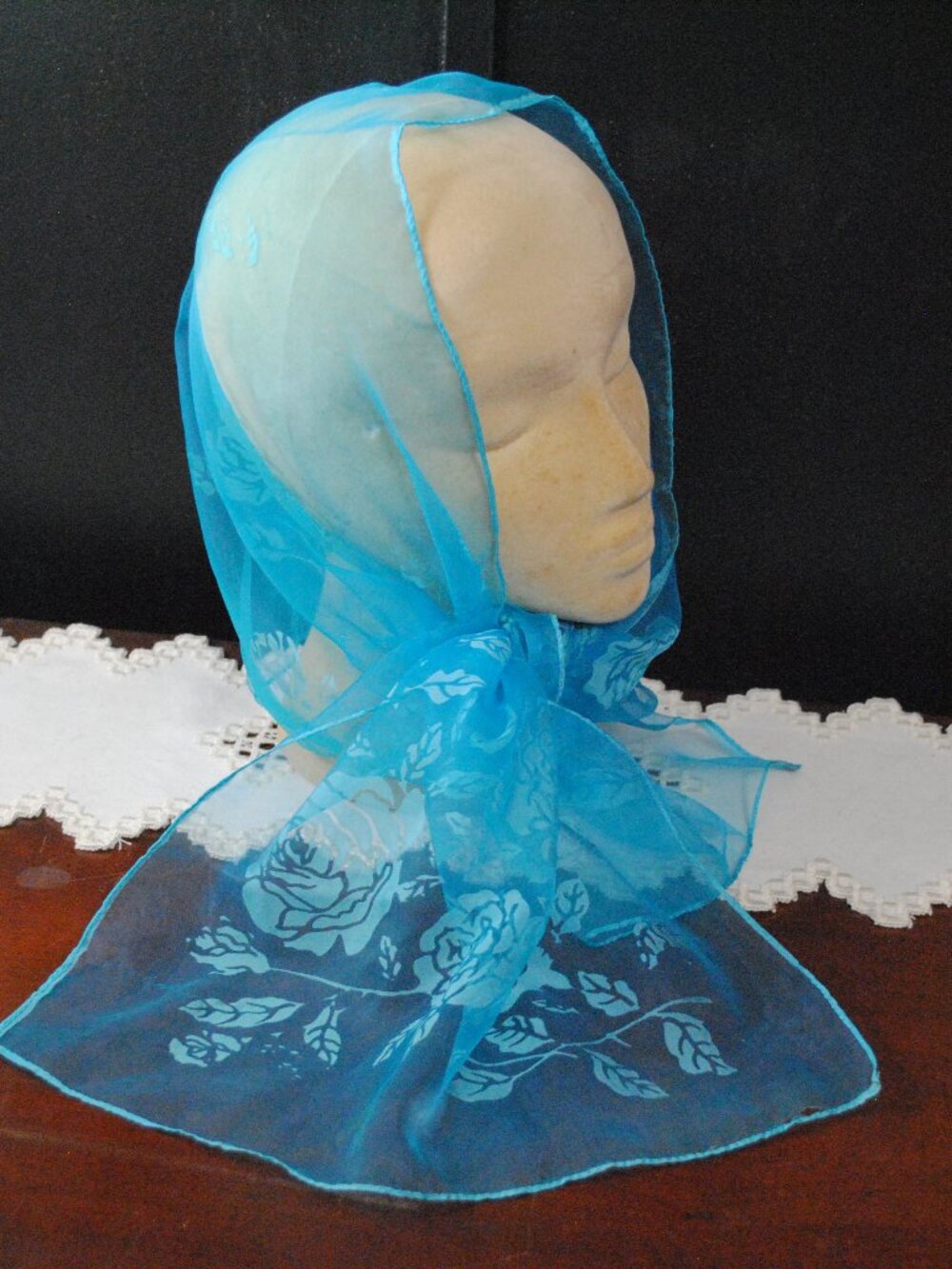 Vintage Blue Chiffon Scarf with Silver Roses 1960s-70s